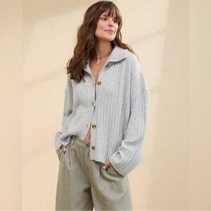 Aerie Cozy Gray Ribbed Button-Up Cardigan